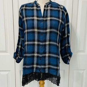Wallpapher Blue Plaid Button-Down Top with Black Lace Trim